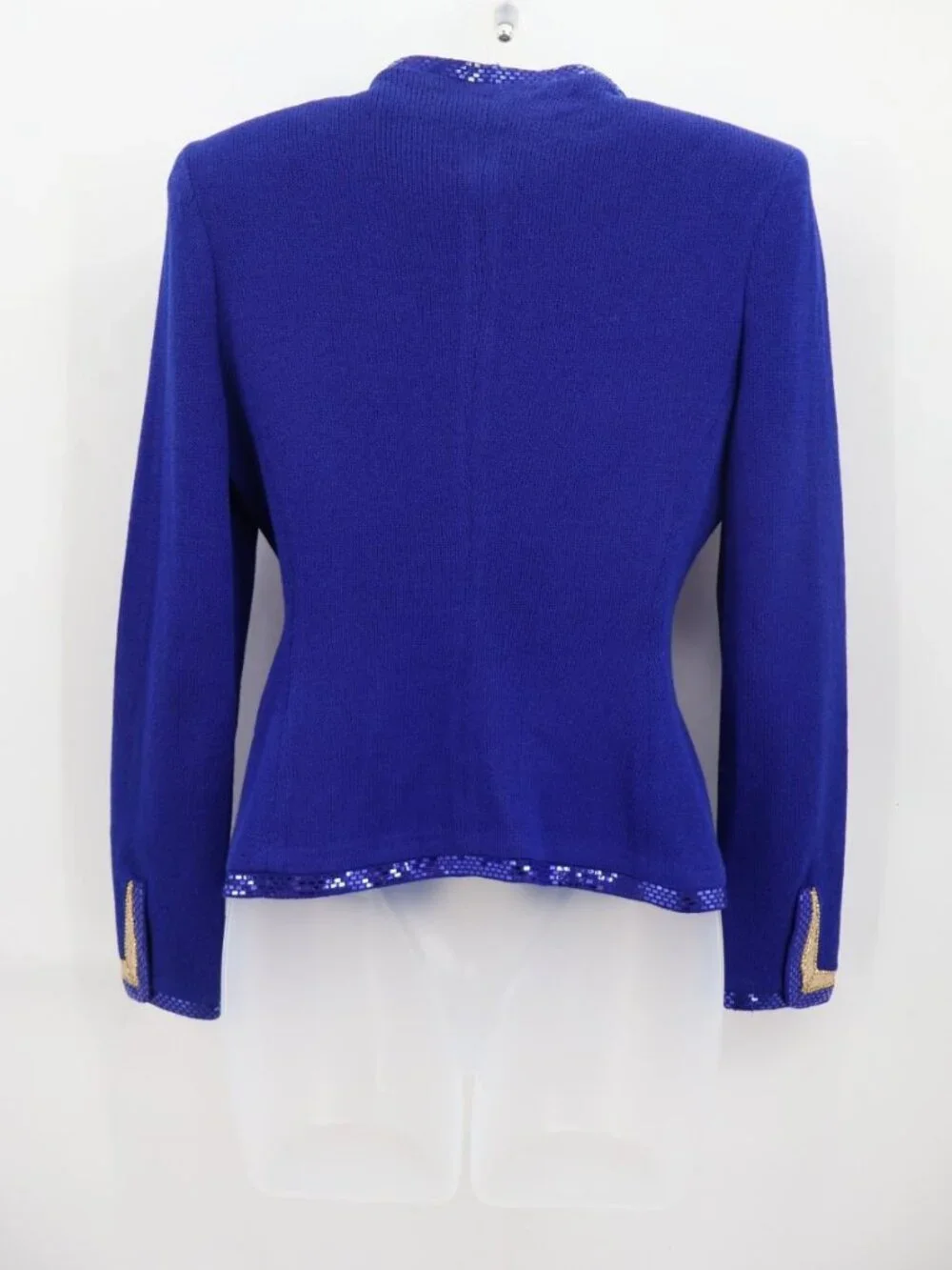 St. John Evening Blazer Size 2 Royal Blue Santana Knit Gold Sequin Trim Button - Picture 9 of 15